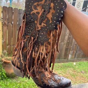 Studded Fringe Western Heeled Boots